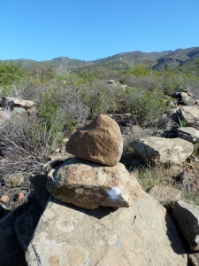 A cairn with a white spot on it, helped keep us on the right path